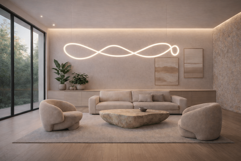 Luminaria de neón LED flexible EMERAL formando una composición orgánica sobre pared de madera en un recibidor residencial