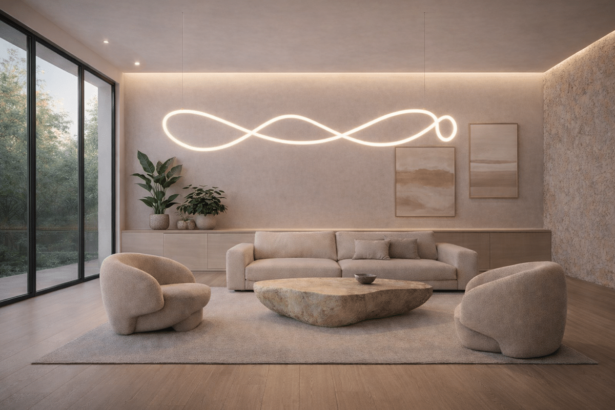 Luminaria de neón LED flexible EMERAL formando una composición orgánica sobre pared de madera en un recibidor residencial