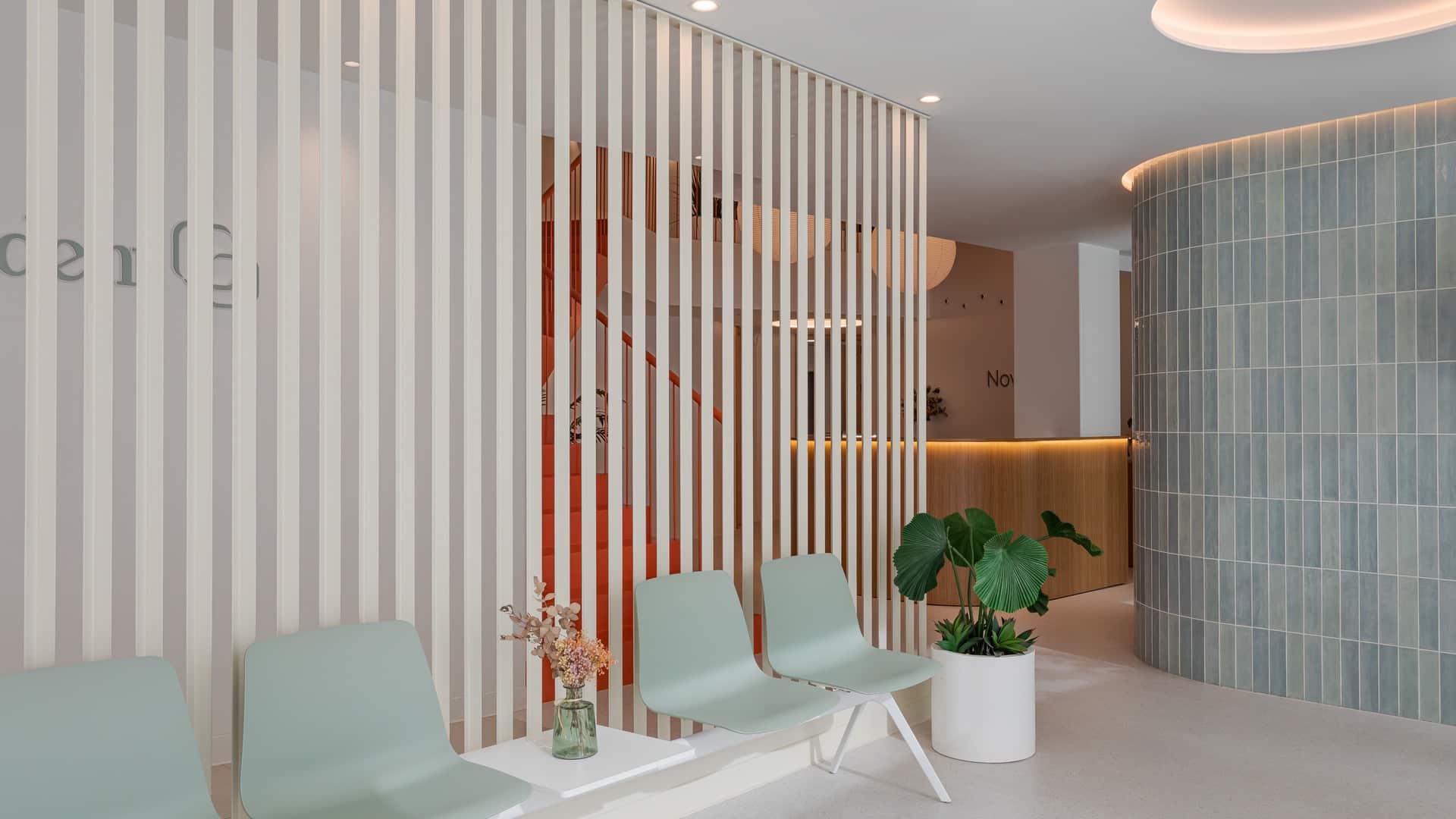 Recepción de clínica dental con cornisa circular de luz y mostrador de madera, Clínica Novodent, Jiso iluminación