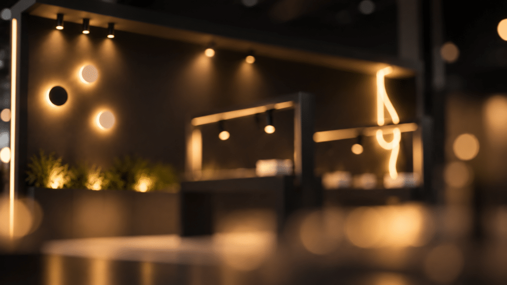 Stand de iluminación profesional de Jiso en una feria de arquitectura e iluminación con ambiente elegante y luz cálida
